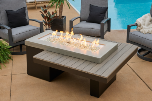 Outdoor patio setting with a fire pit table, chairs, and a pool 