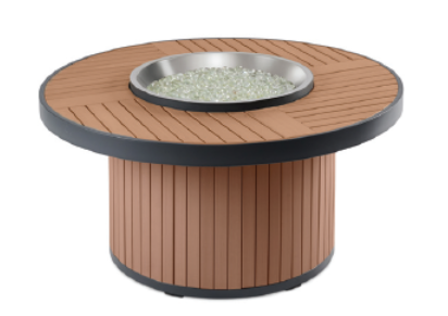 Round wooden table with a fire pit 