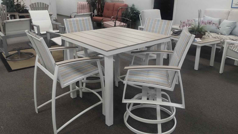 Suncoast Vision Gathering Height Outdoor Dining Set – Snow White / Fuji Stripe
