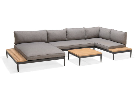 Gray sectional sofa with wooden coffee tables