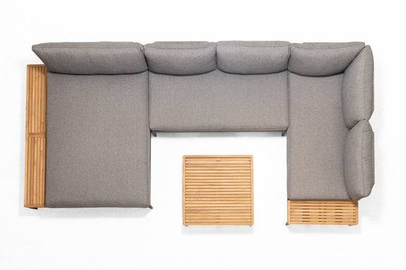 Gray sectional sofa with wooden armrests