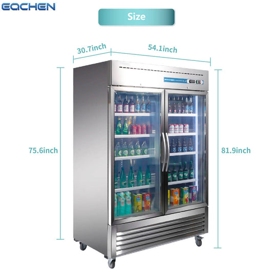 Commercial refrigerator with dimensions labeled on a white background