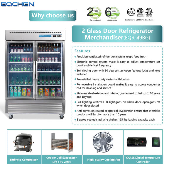 EACHEN 2 Glass Door Refrigerator Merchandiser with features listed on a white background