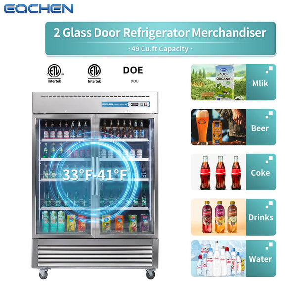 Two glass door refrigerator merchandiser with product categories displayed on a white background
