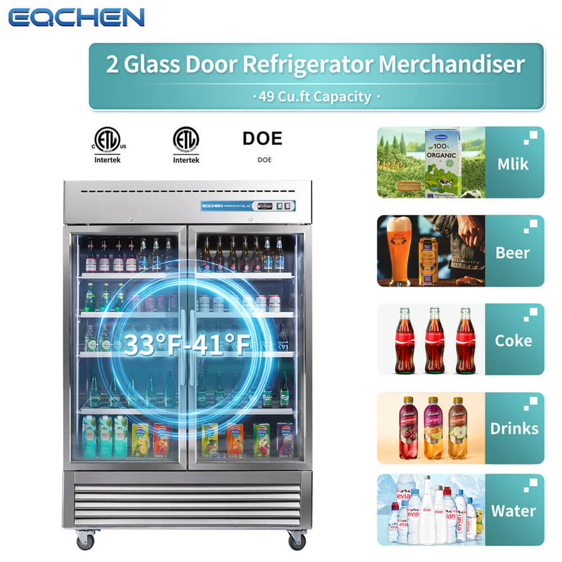 Two glass door refrigerator merchandiser with product categories displayed on a white background