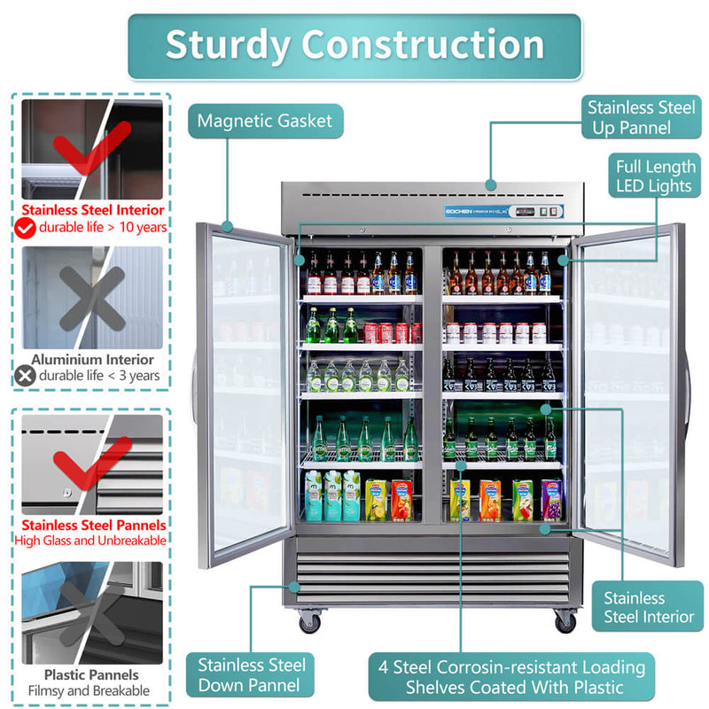 Commercial refrigerator with open doors displaying drinks, labeled features on a white background.