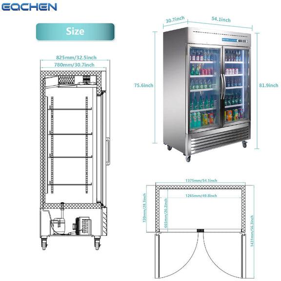 Commercial refrigerator with dimensions labeled on a white background