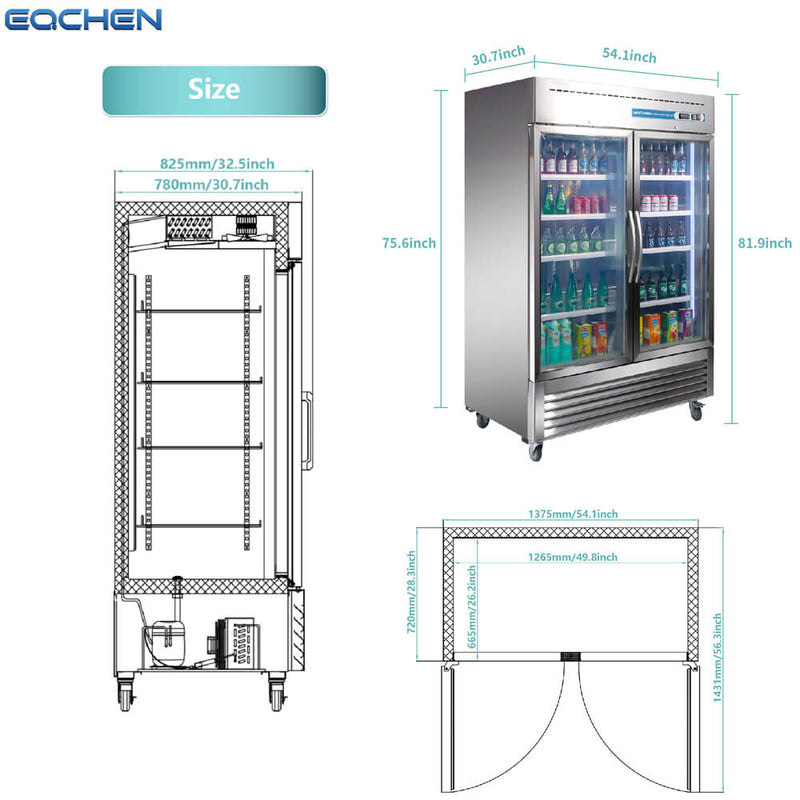 Commercial refrigerator with dimensions labeled on a white background