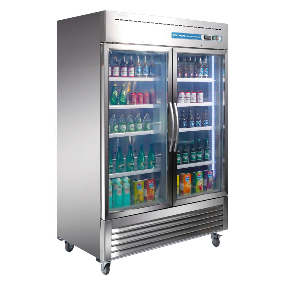 Commercial refrigerator with glass doors filled with drinks on a white background