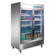 Commercial refrigerator with glass doors filled with drinks on a white background