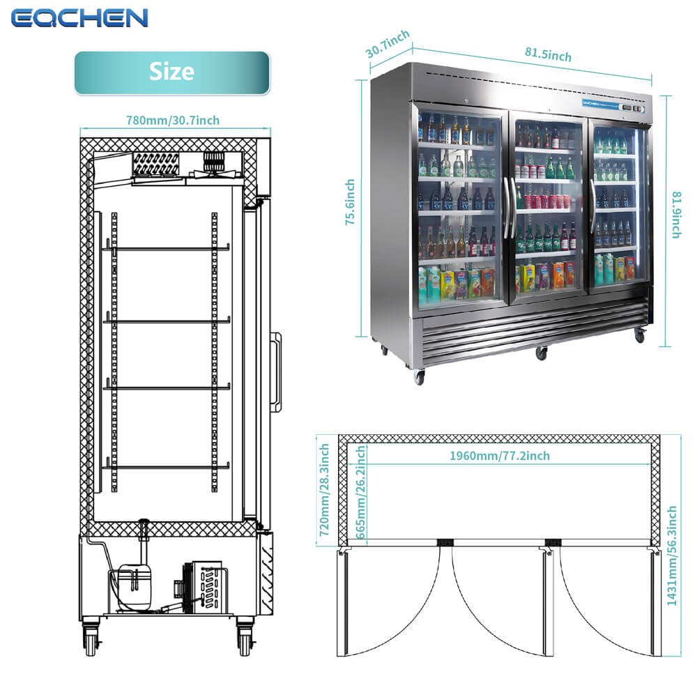 Measurement chart of a commercial refrigerator with dimensions labeled