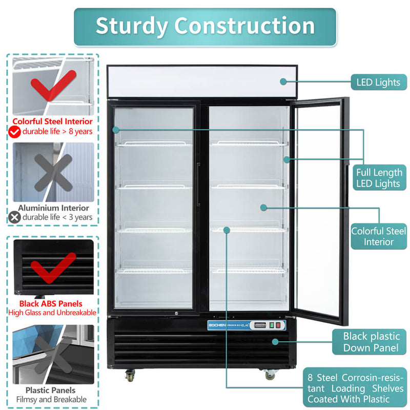 Commercial refrigerator with features highlighted, including LED lights and colorful steel interior.
