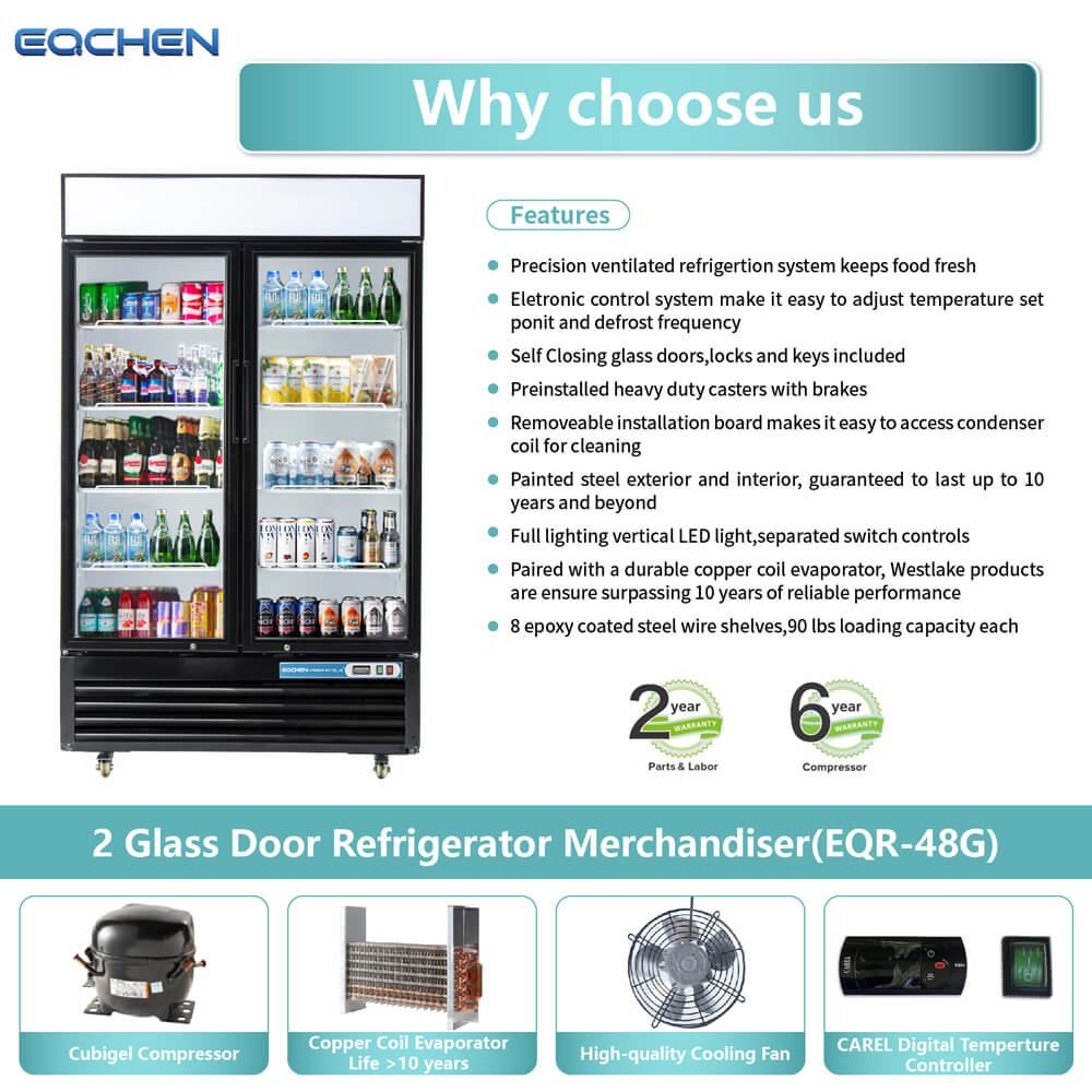 2 glass door refrigerator merchandiser with features listed on a white background