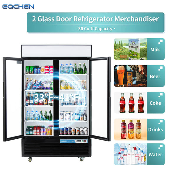 Two glass door refrigerator merchandiser with product categories displayed on a white background.