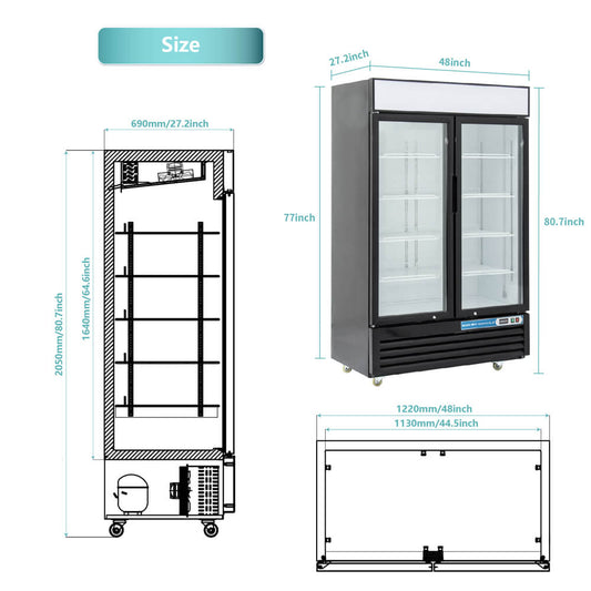 Measurement chart of a commercial refrigerator and a rack with dimensions labeled.