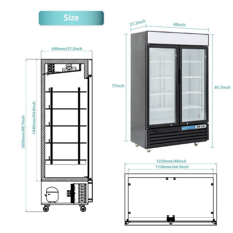 Measurement chart of a commercial refrigerator and a rack with dimensions labeled.