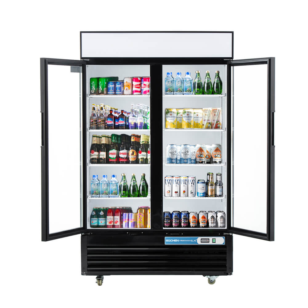 Commercial refrigerator with open doors displaying various drinks on a white background