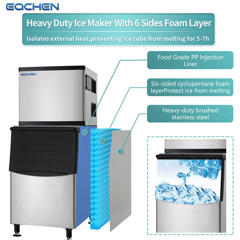 EQCHEN 500 lbs Commercial Ice Maker Machine with 375 lbs Storage Capacity